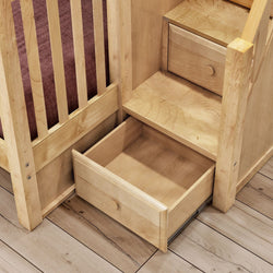 Wooden bunk bed with integrated storage steps and open drawer on wooden floor.