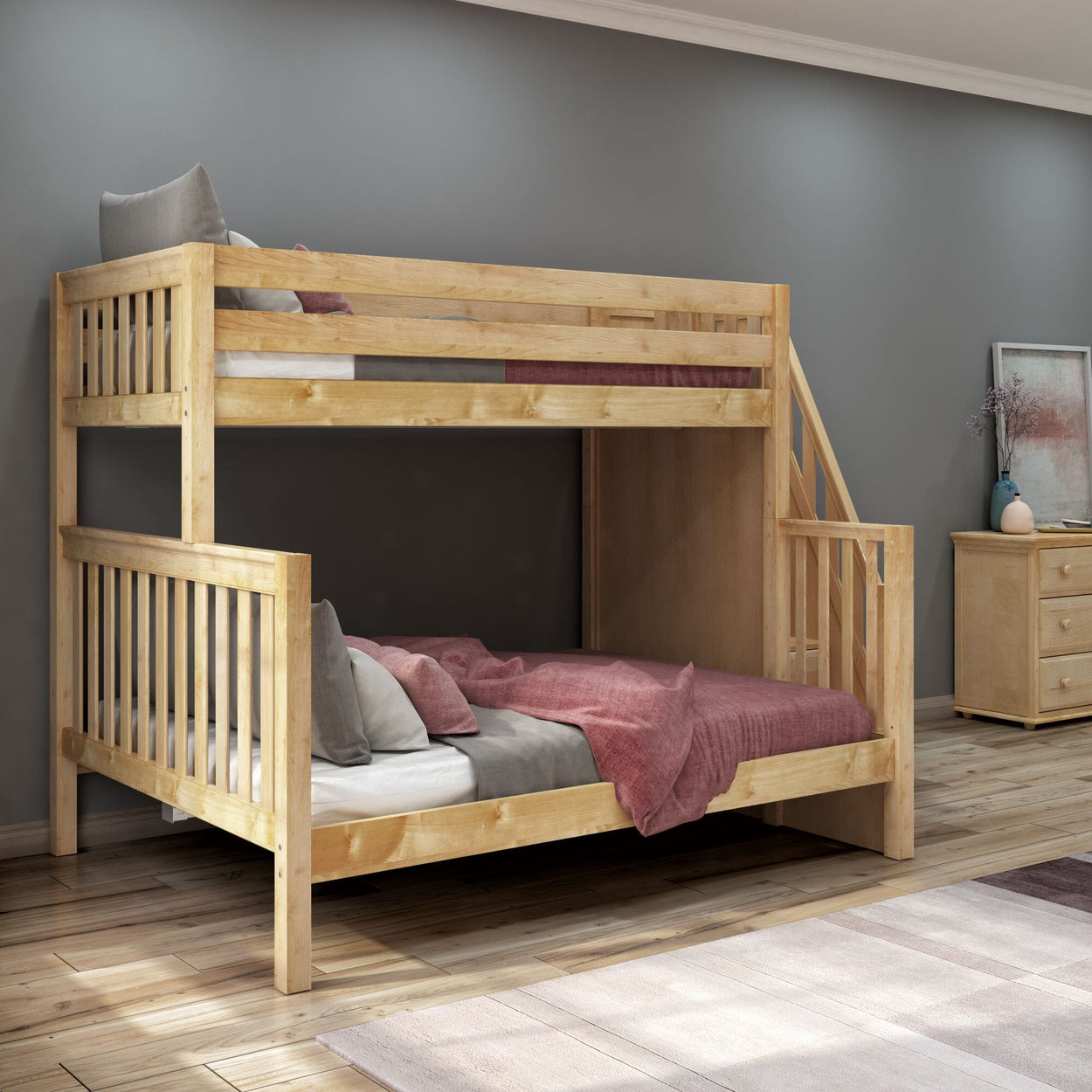 Wooden bunk bed with staircase in a modern bedroom setting.