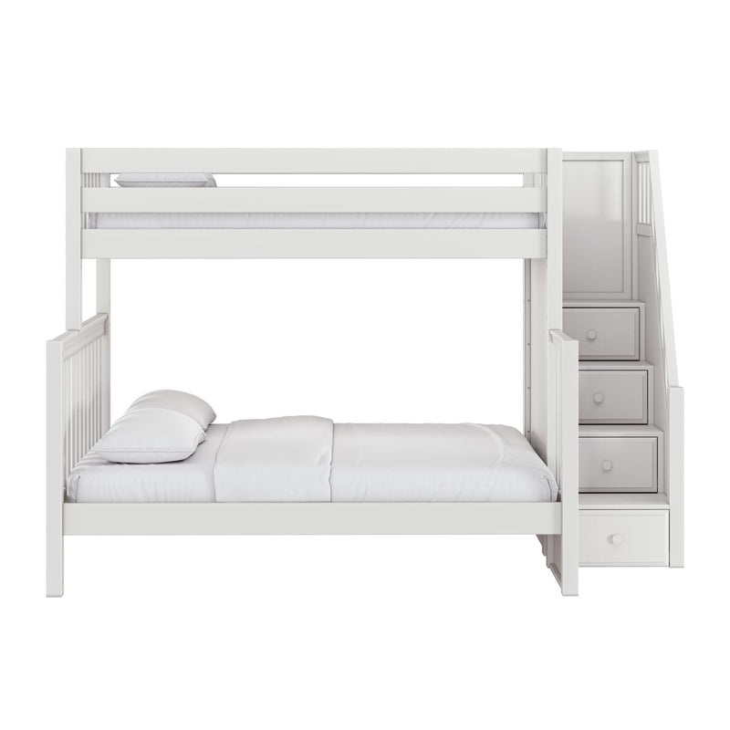 White wooden loft bunk bed with built-in staircase storage drawers and white bedding, modern kids' bedroom furniture