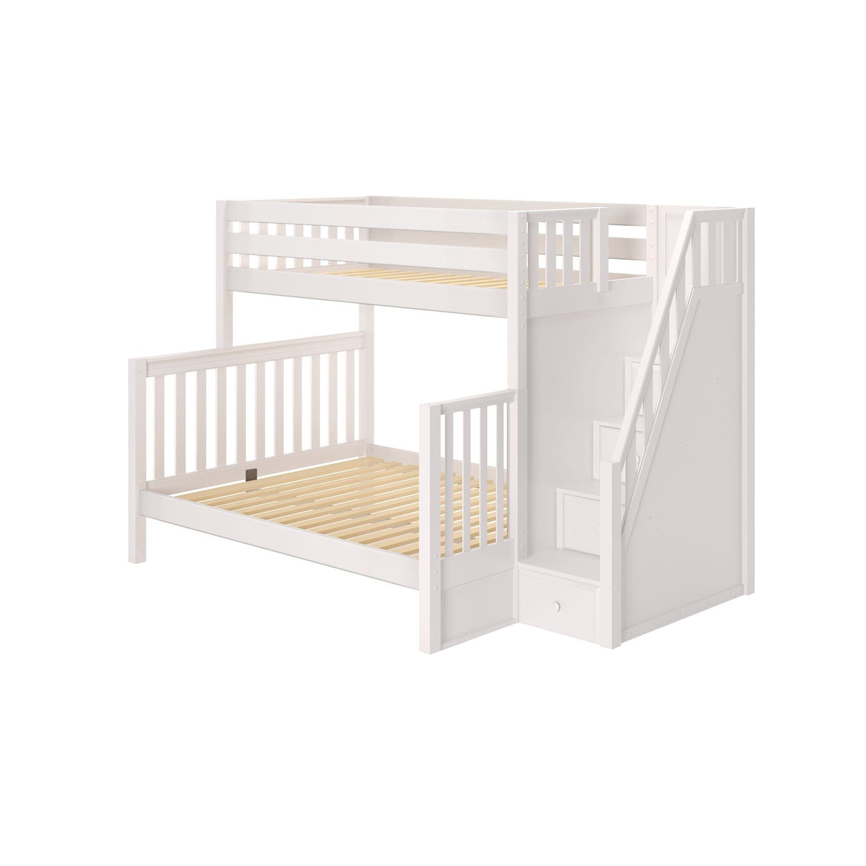 White wooden bunk bed with staircase and storage drawers.