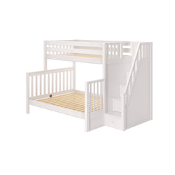White wooden bunk bed with staircase and storage drawers.