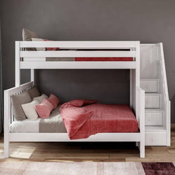 White bunk bed with red and beige bedding, featuring built-in staircase drawers, in a modern bedroom.