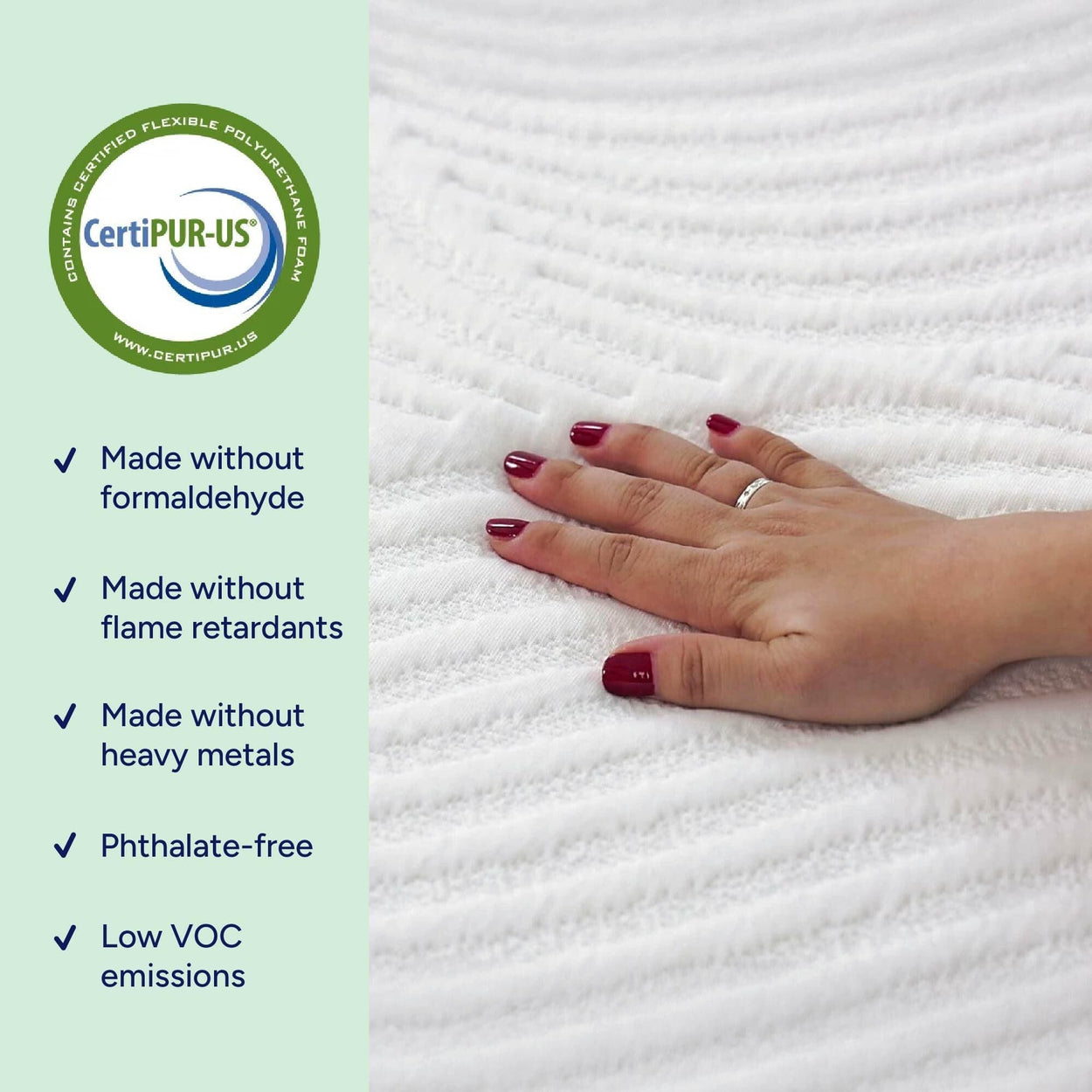 CertiPUR-US certified mattress with hand touch, highlighting eco-friendly features like formaldehyde-free, flame retardant-free, and low VOC emissions.