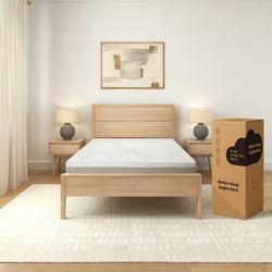 Modern bedroom with wood furniture featuring an 8-inch cooling comfort mattress in a box, enhancing sleep quality.