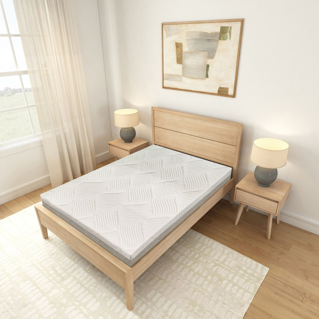 Modern bedroom with a natural wood bed frame and matching nightstands showcasing a minimalist design.