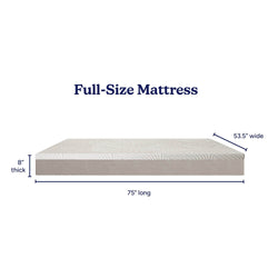 Full-size mattress measuring 75 inches long, 53.5 inches wide, and 8 inches thick, ideal for comfortable bedroom sleeping.
