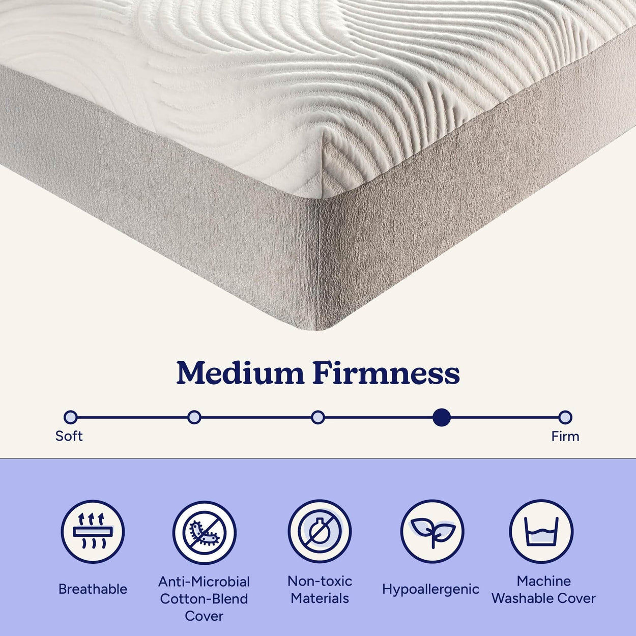 Medium firmness mattress with breathable, anti-microbial cotton-blend cover, non-toxic materials, hypoallergenic, machine washable.