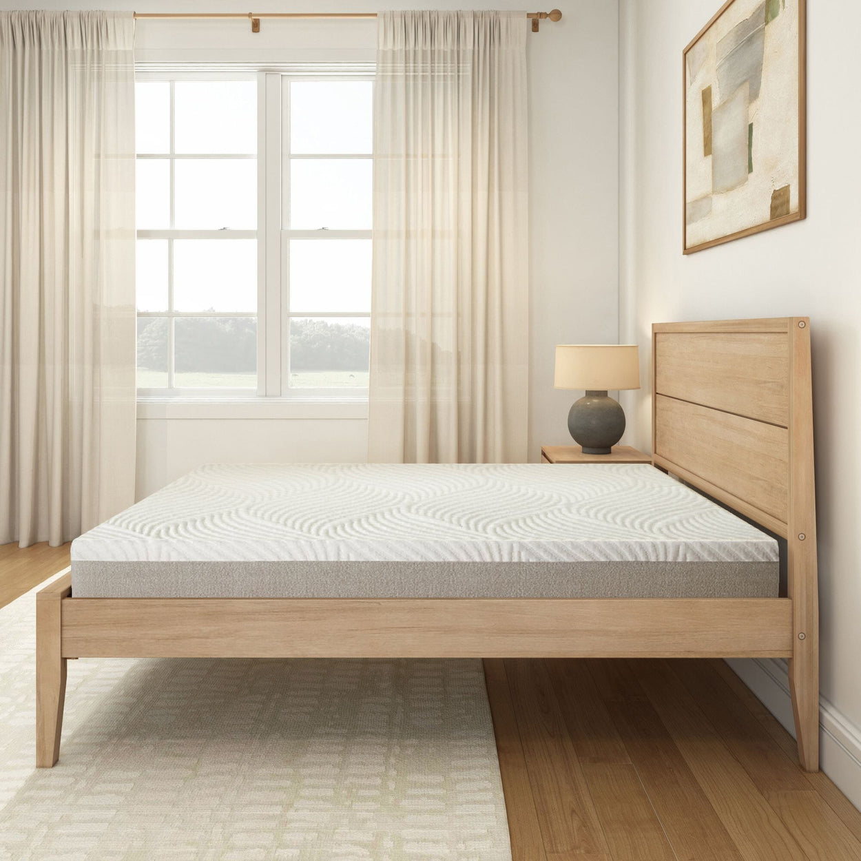 Modern wooden bed frame with mattress in a bright bedroom with large window, light curtains, and a decorative lamp.