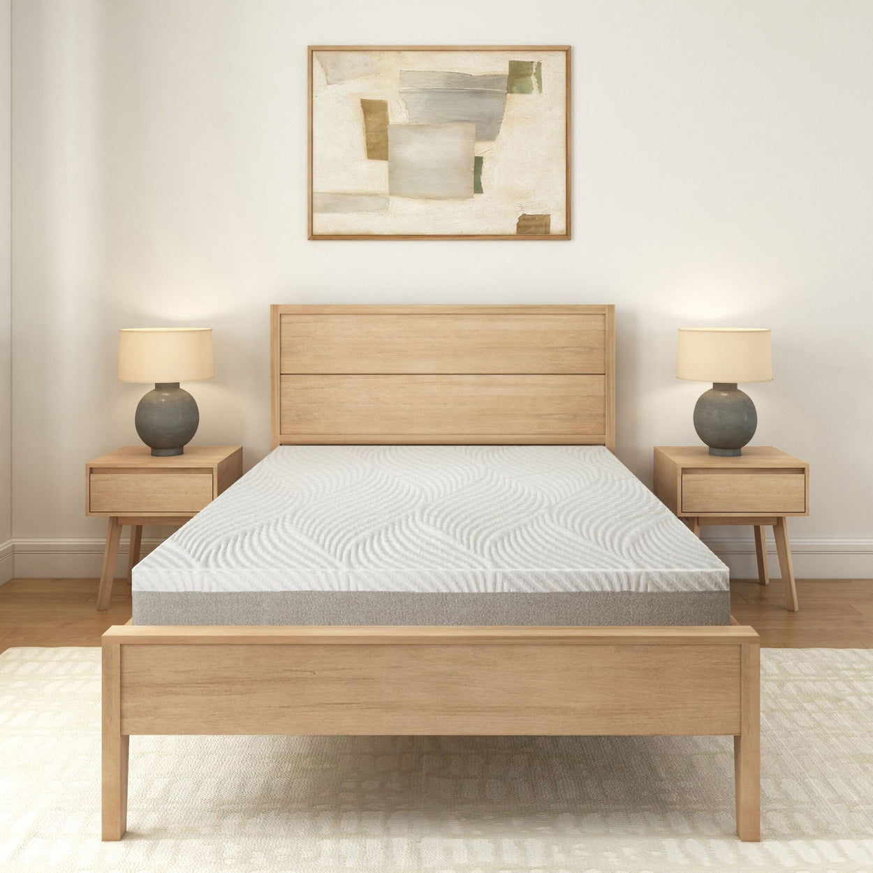 Modern minimalist bedroom with wooden bedframe, memory foam mattress, and abstract wall art.