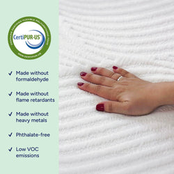 CertiPUR-US certified mattress material with hand showcasing its soft texture, made without formaldehyde, flame retardants, heavy metals; phthalate-free and low VOC emissions.