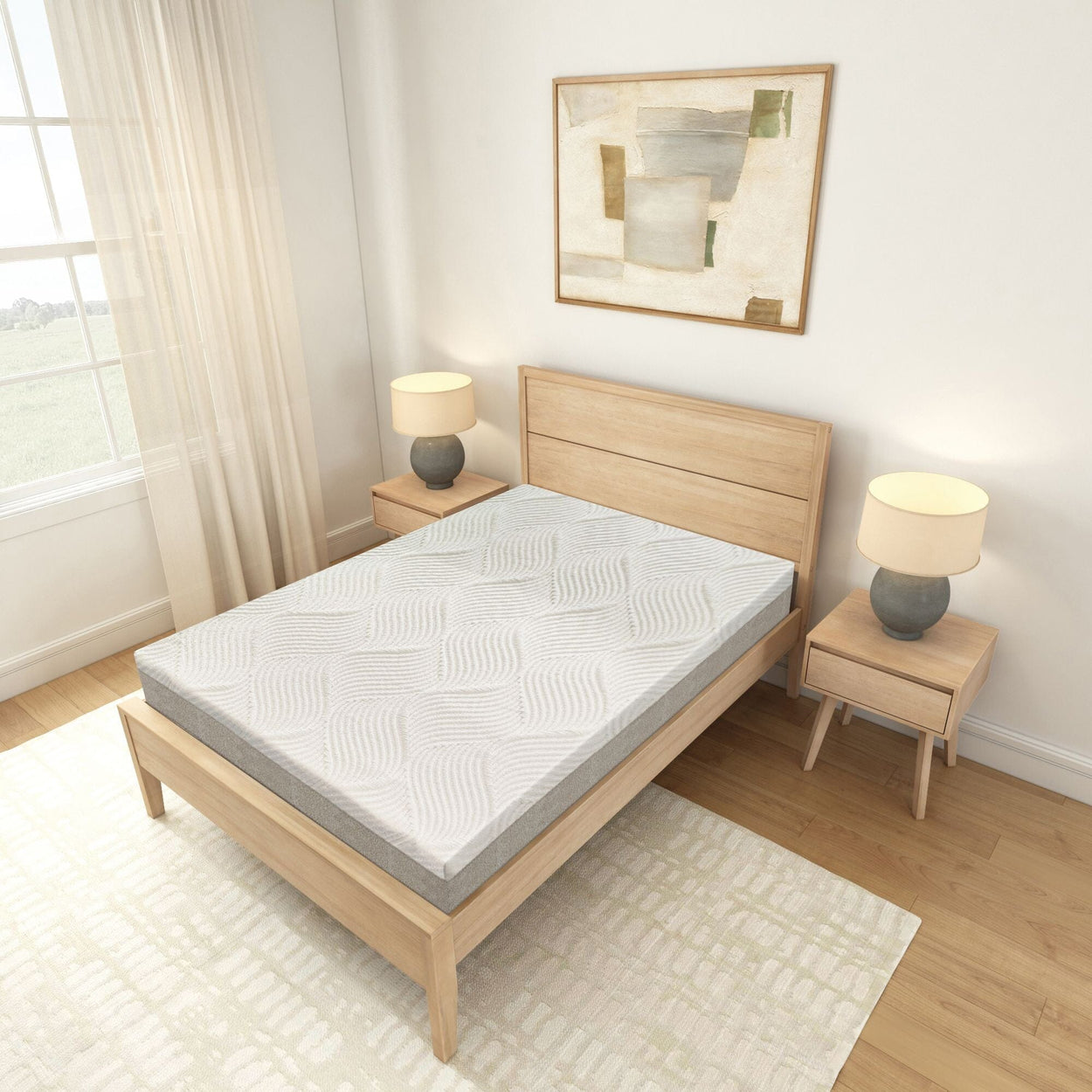Minimalist bedroom with a comfortable memory foam mattress on a wooden bed frame, featuring stylish bedside tables and modern lamps.