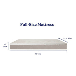 Full-size mattress dimensions: 75 inches long, 53.5 inches wide, and 10 inches thick.