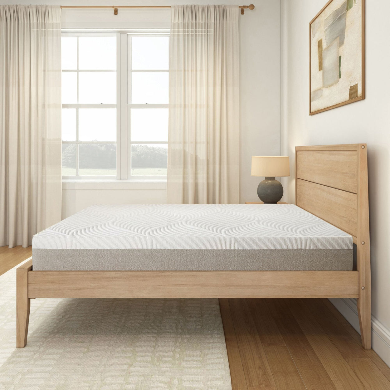 Modern minimalist bedroom with wooden bed frame and white mattress near large window.