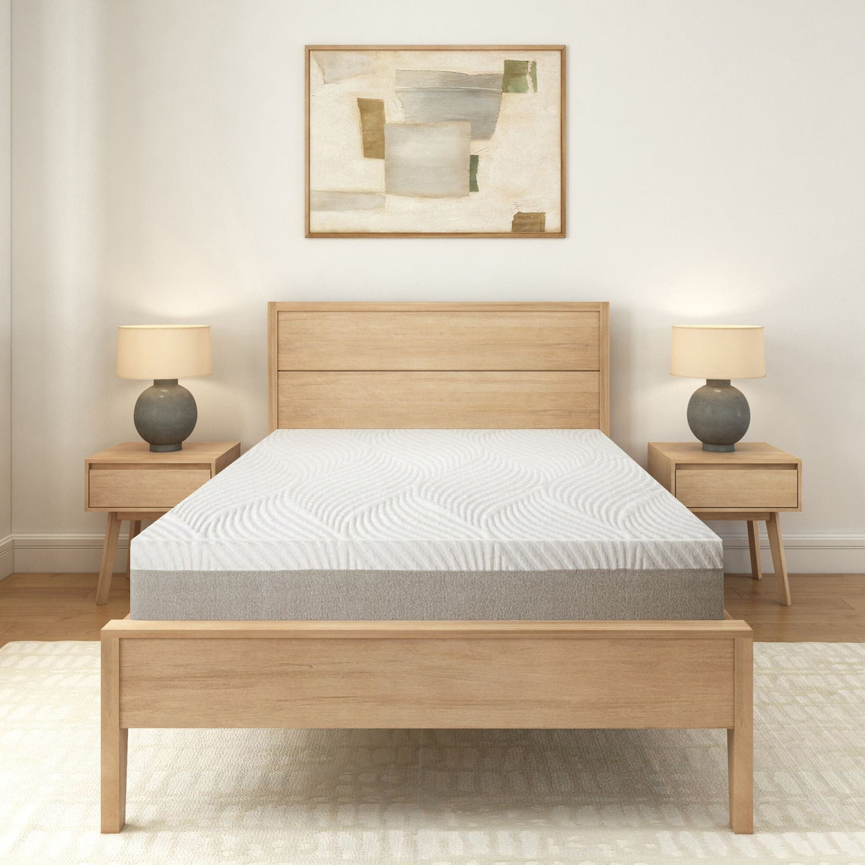 Contemporary bedroom with wooden bed frame, modern mattress, and stylish decor.