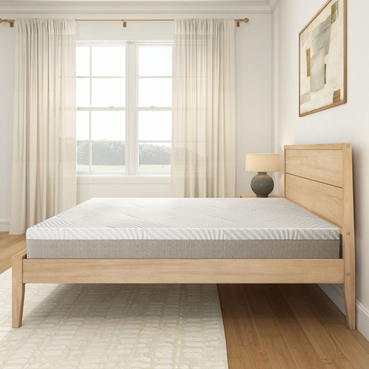 Modern minimalist bedroom with wooden bed frame and comfortable mattress in bright natural light.