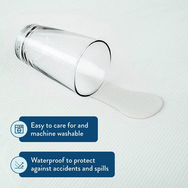 Waterproof mattress protector with spilled glass, showcasing easy care and machine washability.