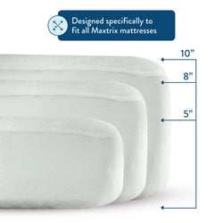 Three mattress heights comparison showing 5-inch, 8-inch, and 10-inch options, designed to fit Maxtirx mattresses.