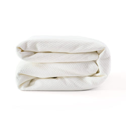 Folded white waffle blanket on a white background.