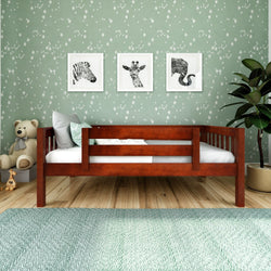 Toddler bed in cozy bedroom with green starry wallpaper, wooden floor, and animal artwork.