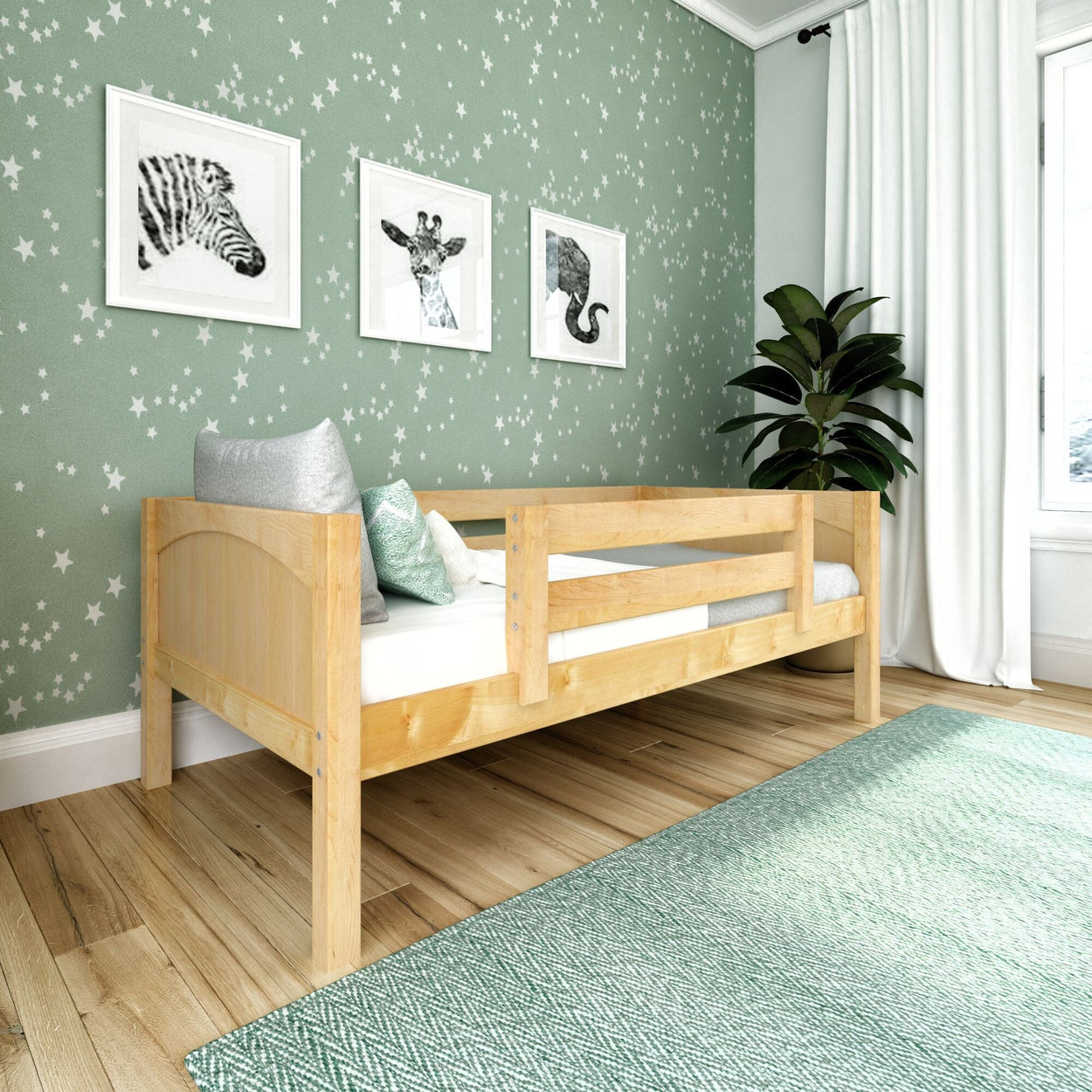 Cozy children's bedroom with wooden bed, star-patterned green wallpaper, and framed animal artwork.