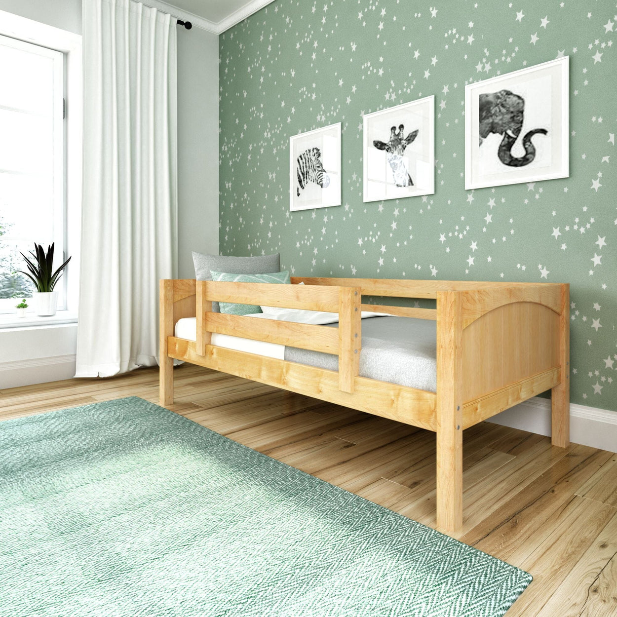Stylish kids' bedroom with safe wooden bed, star-patterned wallpaper, and animal art.
