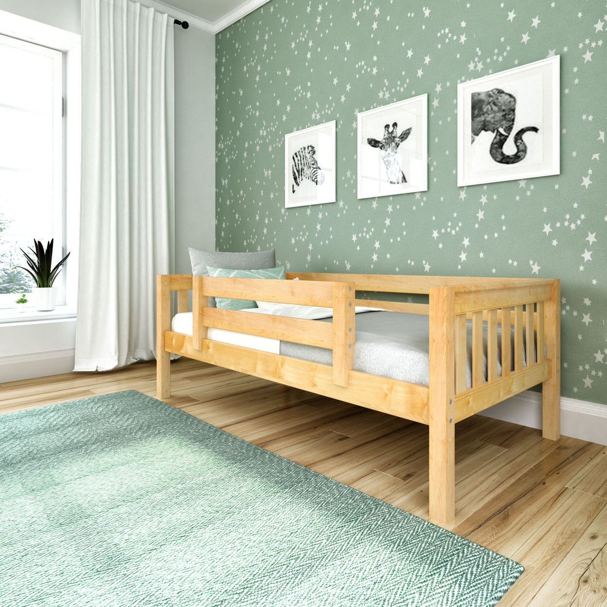 Child's bedroom with wooden bed, star-patterned wallpaper, animal prints, and green rug.