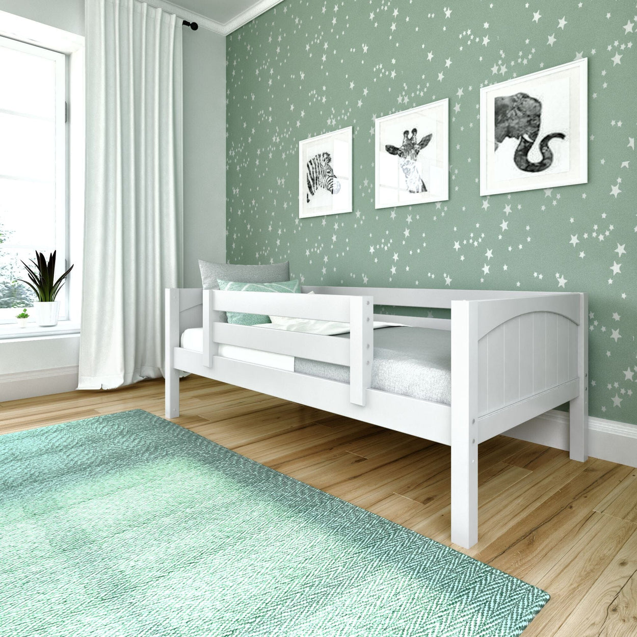 Stylish kids' bedroom with star-patterned wallpaper, white bed, and green rug.