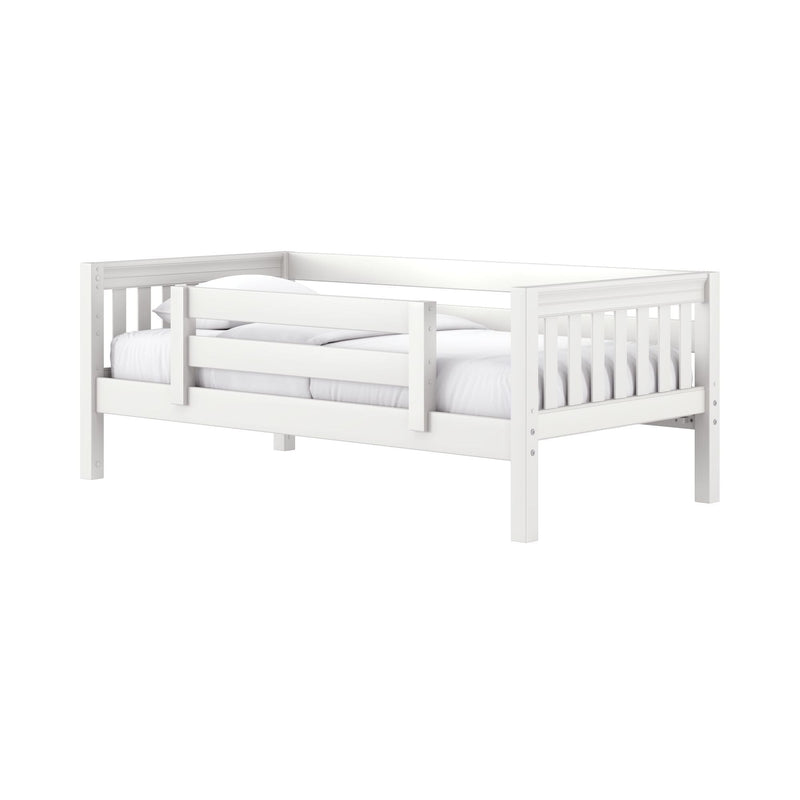 White wooden toddler bed with safety guardrails and white mattress, modern nursery daybed frame for kids' bedroom furniture