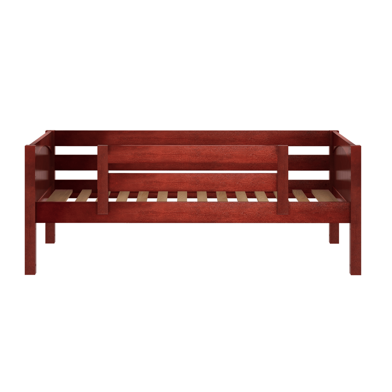 Wooden loft bed frame with rich mahogany finish and safety rails.