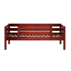 Wooden loft bed frame with rich mahogany finish and safety rails.