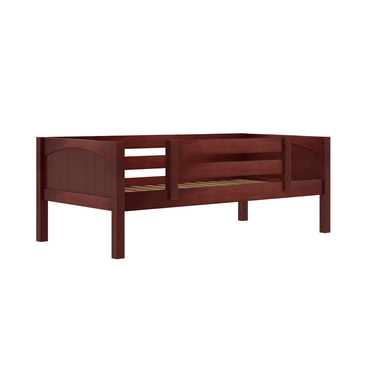 Wooden twin bed frame with a rich brown finish and slatted headboard design.