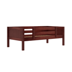 Wooden twin bed frame with a rich brown finish and slatted headboard design.