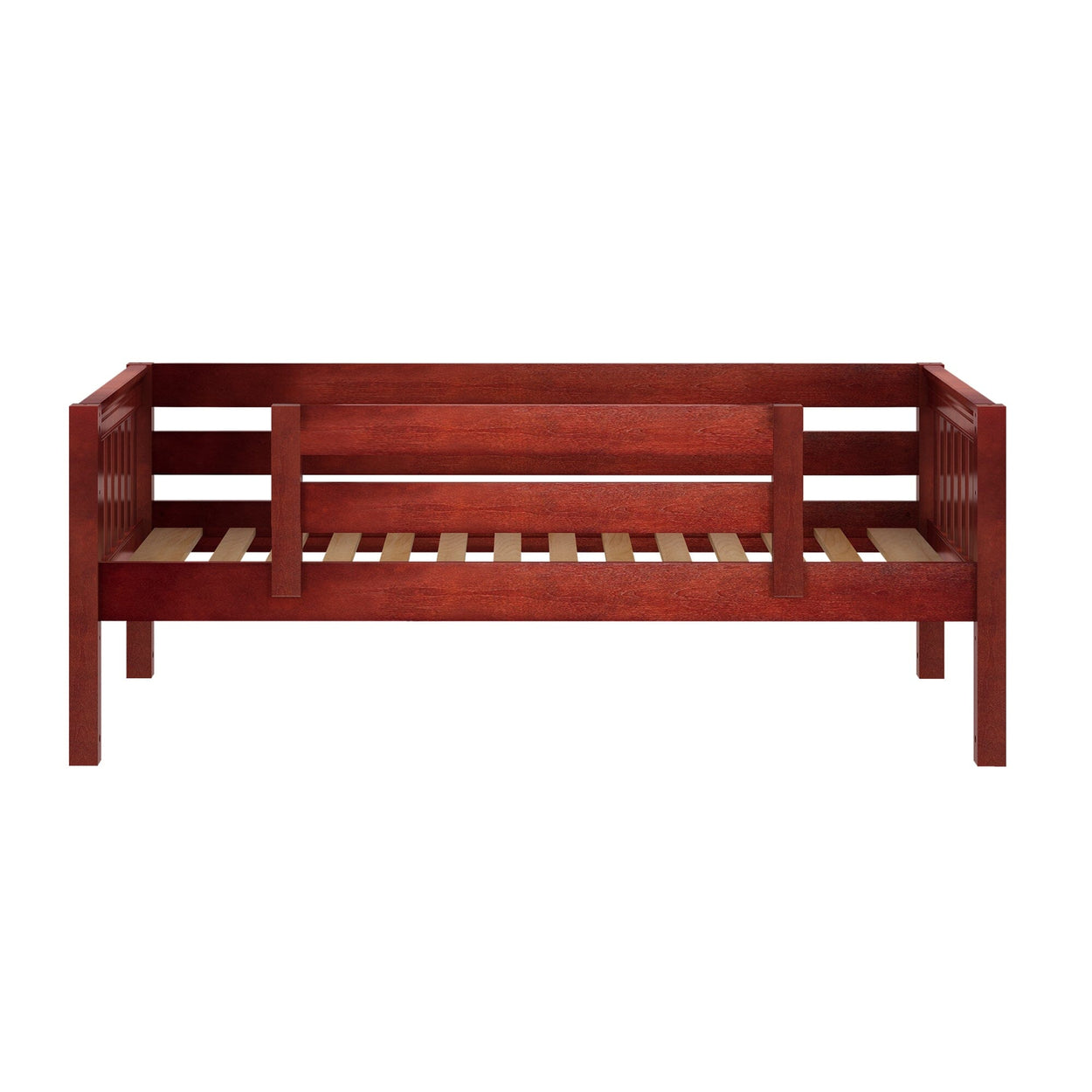 Wooden daybed frame with slats for mattress support, rich mahogany finish.