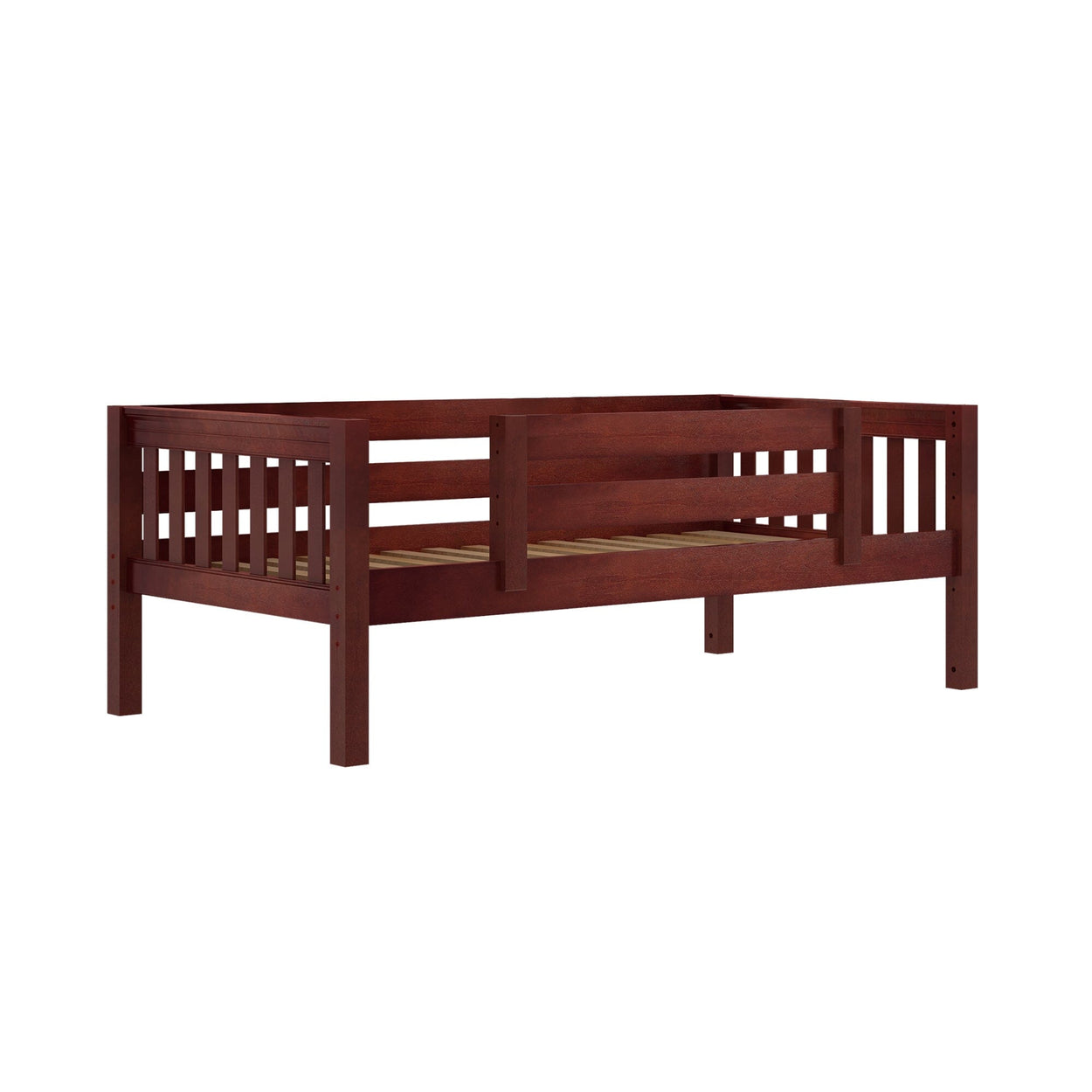 Wooden toddler bed frame with side rails in brown finish.