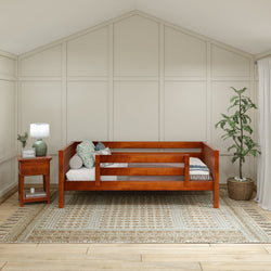 Mid-century modern wooden daybed in minimalistic living room with cozy pillows and warm lighting.