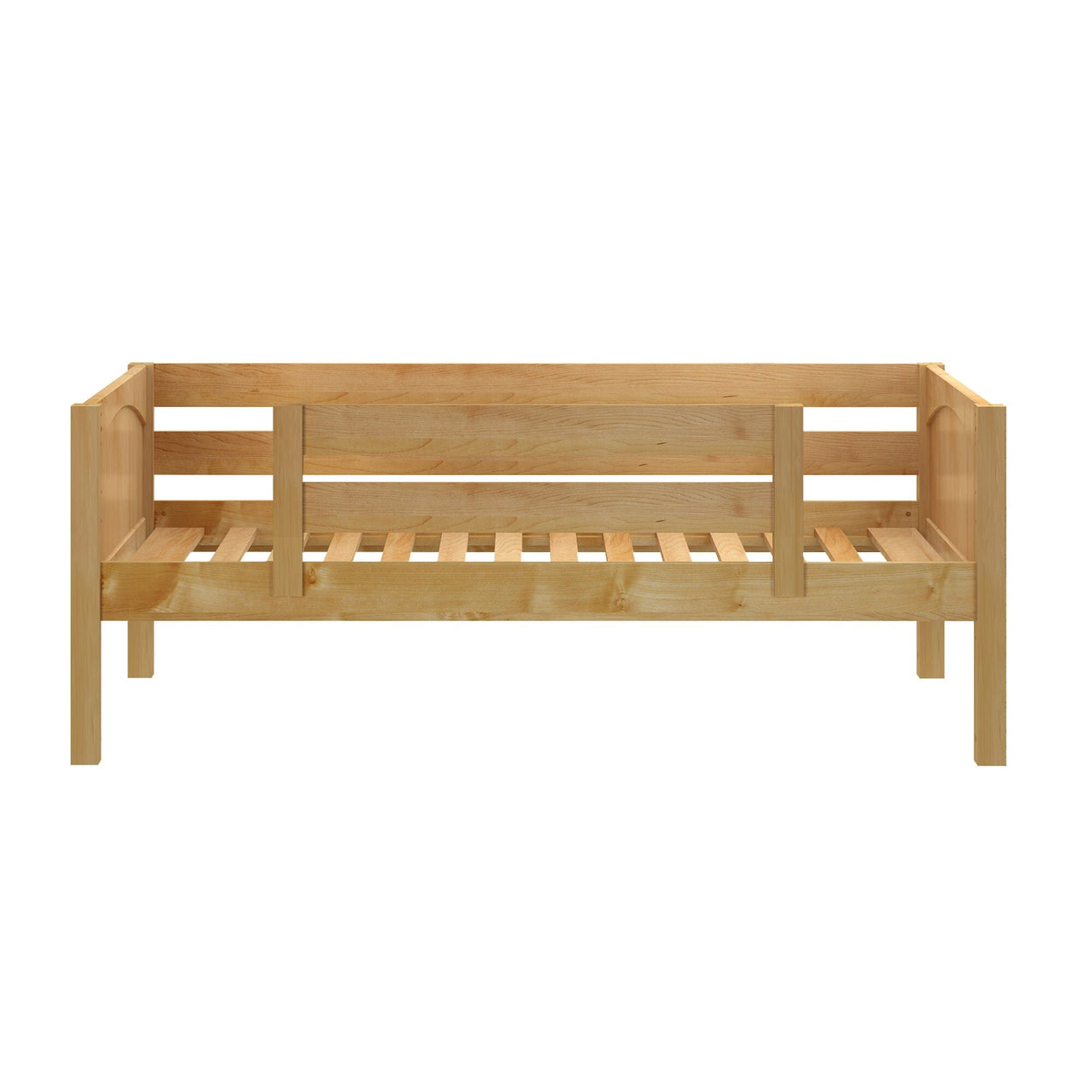 Wooden daybed frame with slatted design, ideal for modern home decor and space-saving furniture solutions.