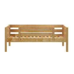 Wooden daybed frame with slatted design, ideal for modern home decor and space-saving furniture solutions.