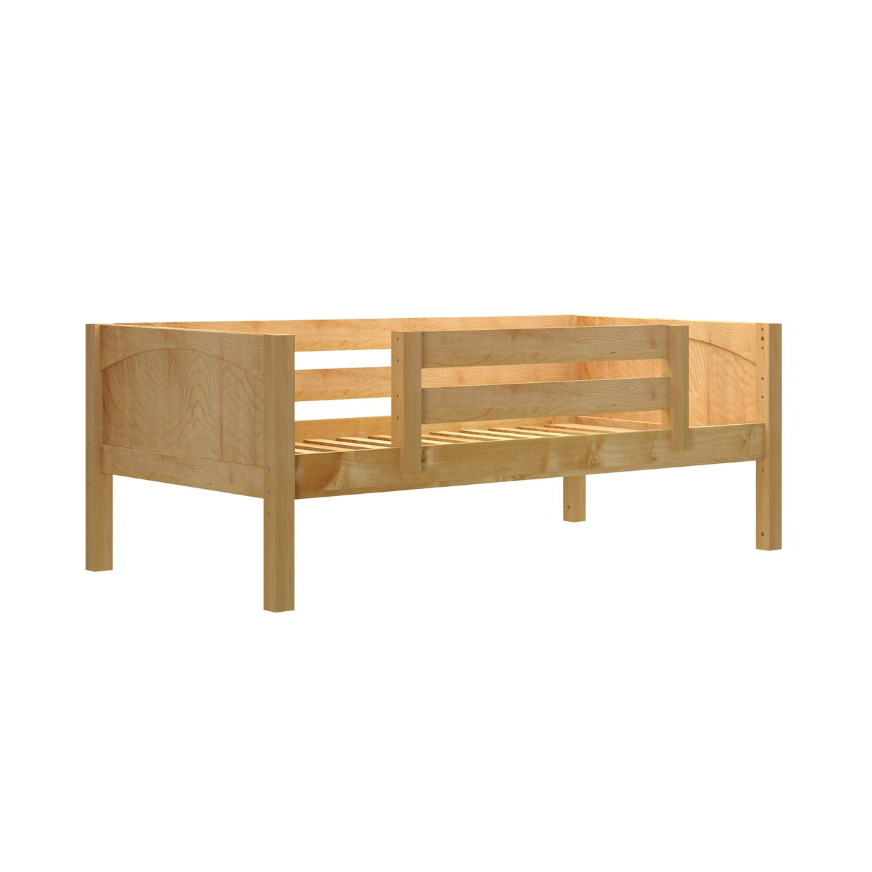 Wooden toddler bed frame with safety rails in natural finish.