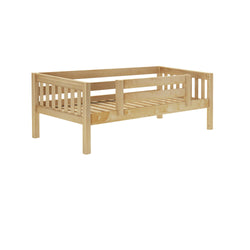 Natural wooden toddler bed frame with safety rails and slatted design.