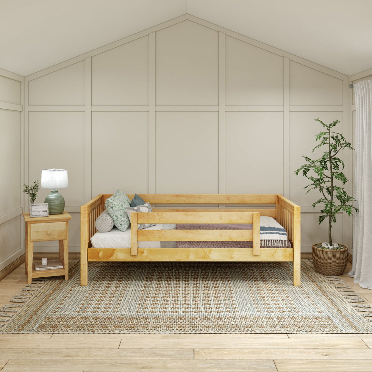 Cozy minimalist bedroom with wooden bed, side table, lamp, and decorative plant on woven rug.