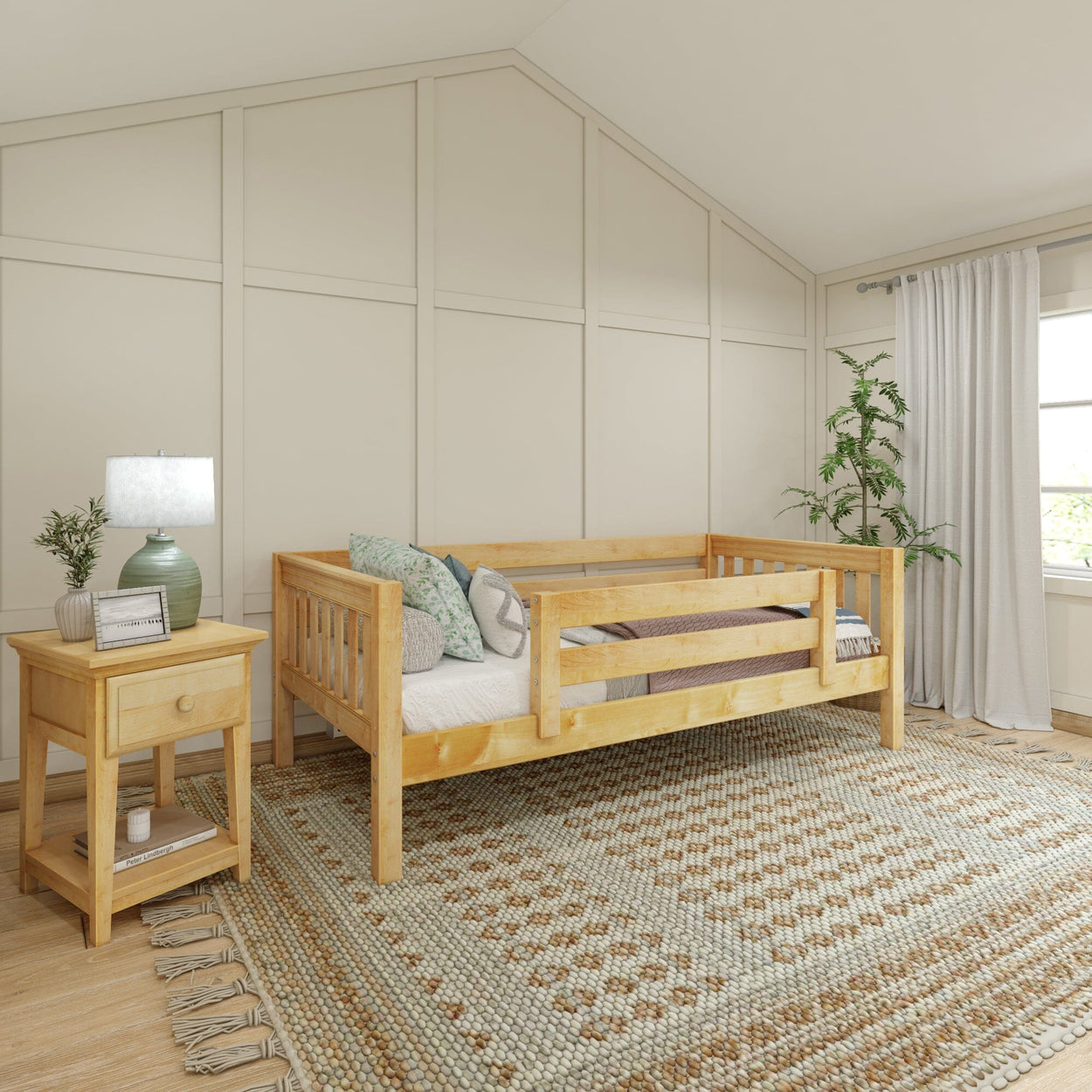 Cozy bedroom with wooden daybed, elegant decor, and natural light streaming through a window.