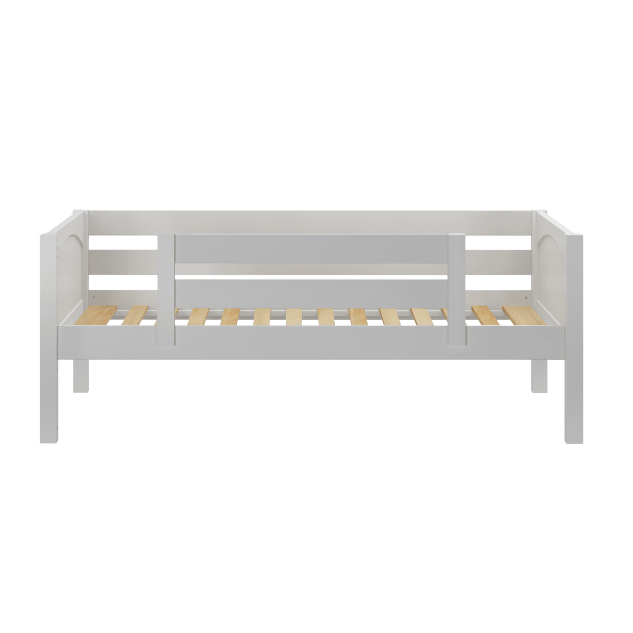 White wooden loft bed frame with slatted base, ideal for compact bedrooms or children's rooms.