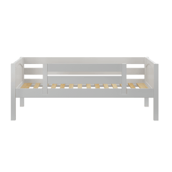 White wooden loft bed frame with slatted base, ideal for compact bedrooms or children's rooms.