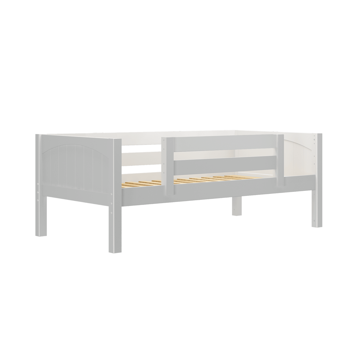White wooden loft bed frame with storage feature for children's bedroom.