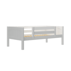 White wooden loft bed frame with storage feature for children's bedroom.