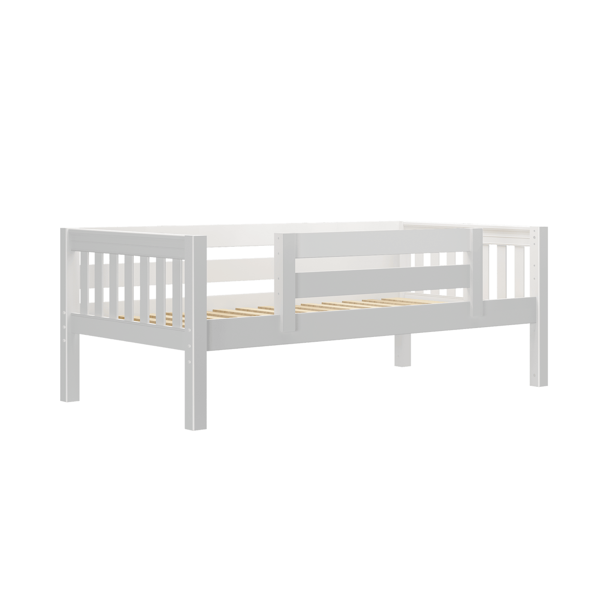 White wooden daybed frame with side railings, ideal for a stylish and comfortable bedroom setup.