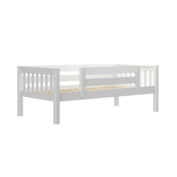 White wooden daybed frame with side railings, ideal for a stylish and comfortable bedroom setup.