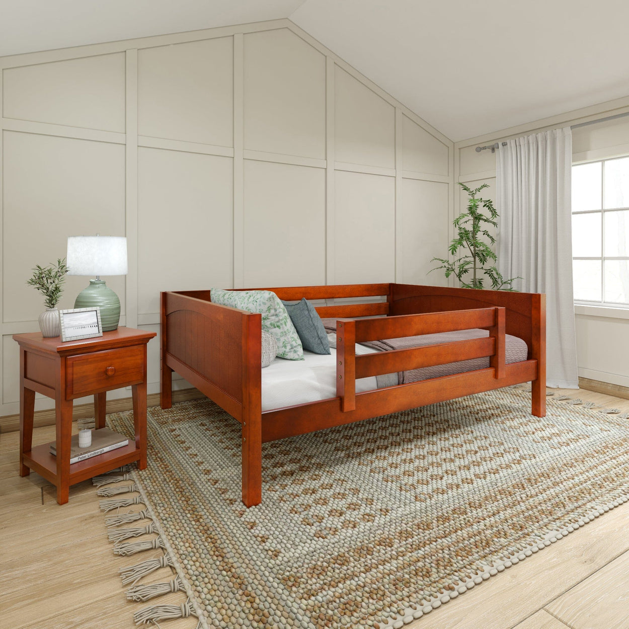 Rustic wooden toddler bed in cozy bedroom with nightstand and large rug.