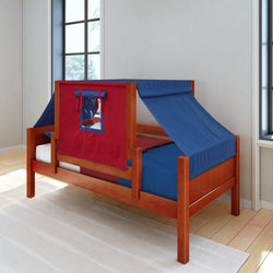 Wooden kids bed with red and blue tent design in a bright room.