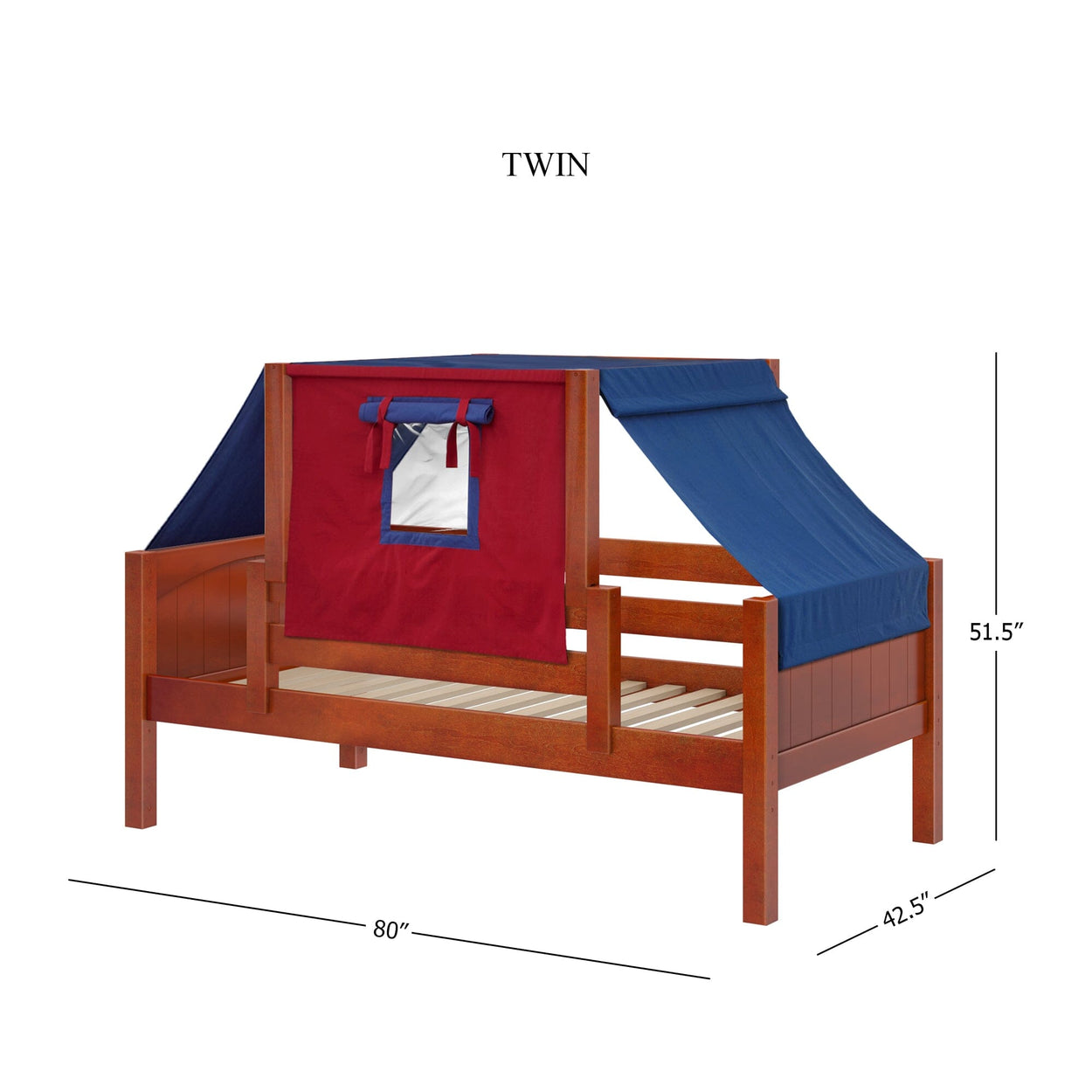 Wooden twin loft bed with blue and red canopy, featuring dimensions of 80 inches in length, 42.5 inches in width, and 51.5 inches in height.